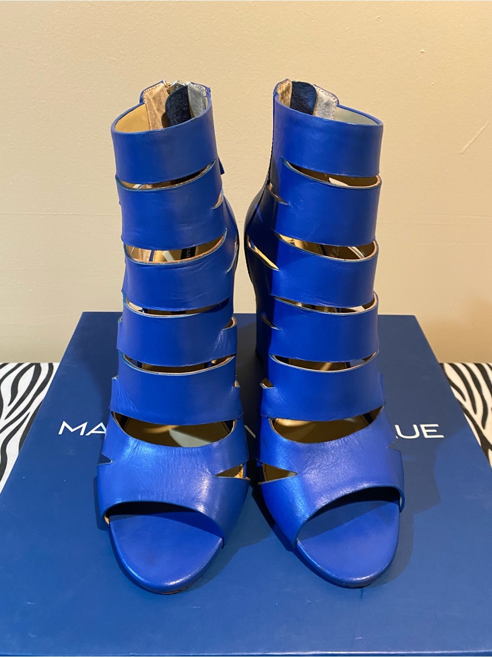 Royal Blue Leather Cutout Block Heel Booties